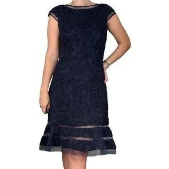 Adrianna Papell | Lace Fit & Flare Cocktail Party Dress | Navy Blue | Size 14 - Picture 1 of 8